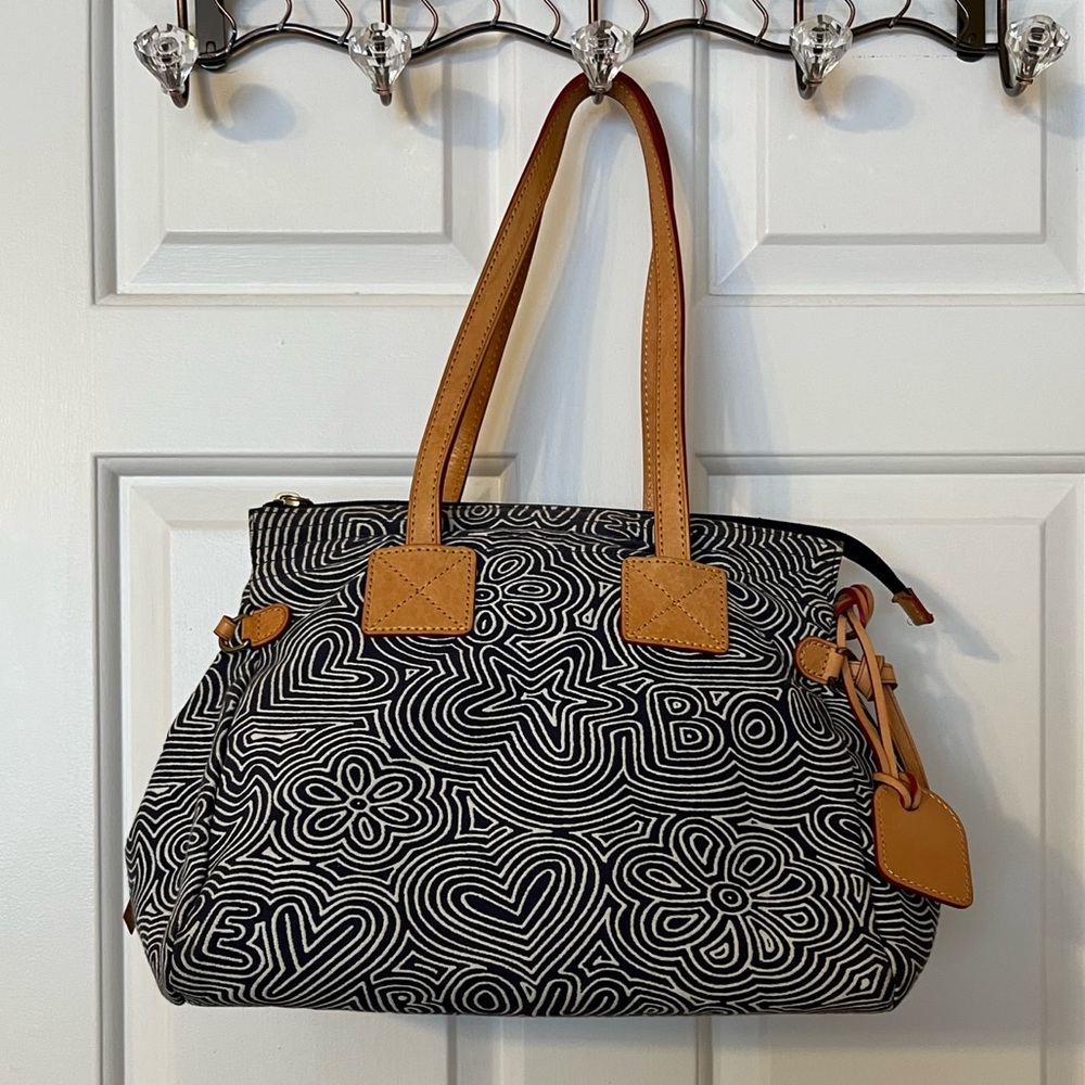 Dooney & Bourke Blue White Doodle Swirl Logo Signature Canvas Shoulder Bag